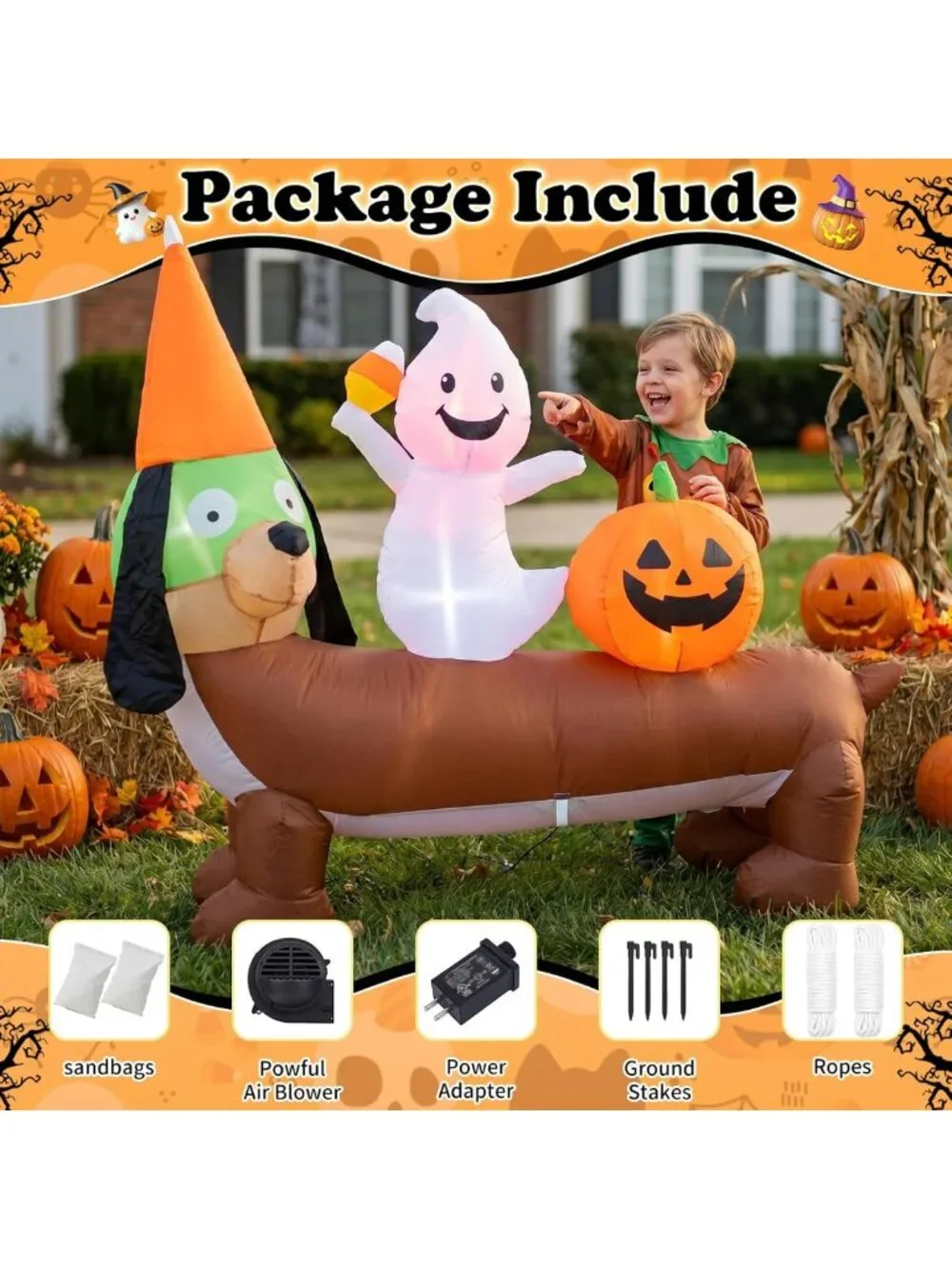 5FT Halloween Inflatable Dachshund & Ghost Yard Decoration - Festive Outdoor